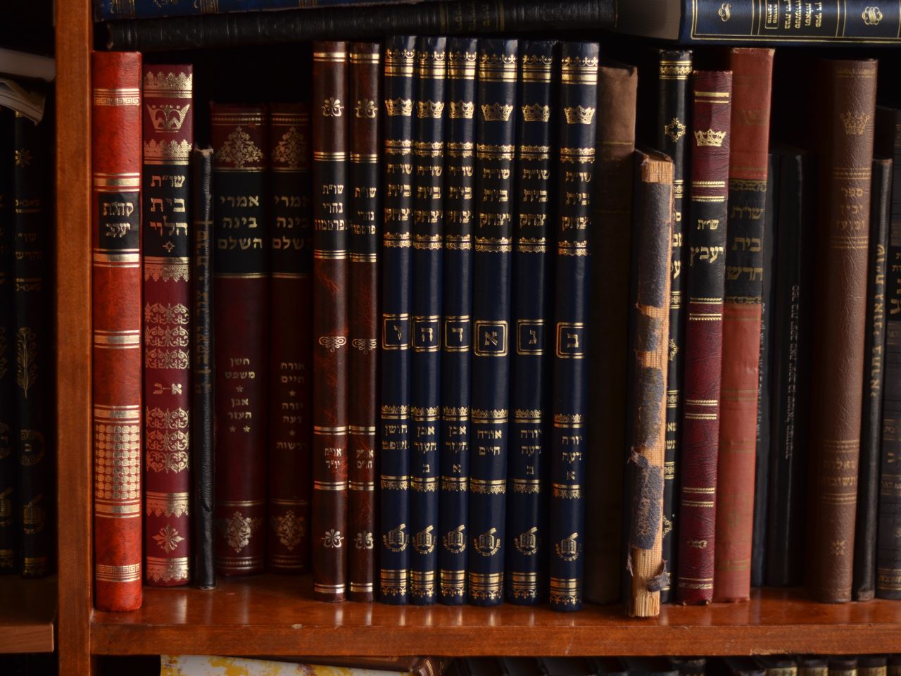 A collection of Jewish books on a wooden shelf